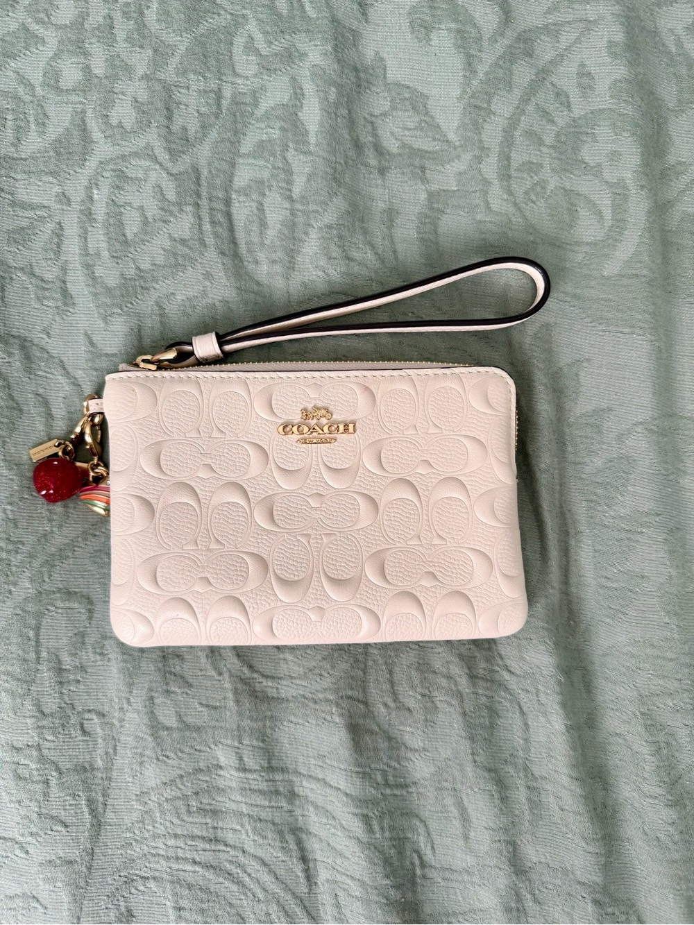 Coach Wristlet Soft Cream Embossed Signature Leather Wallet with Charms Strawber
